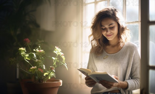 Beautiful woman stand near the window and read a book Ai generated