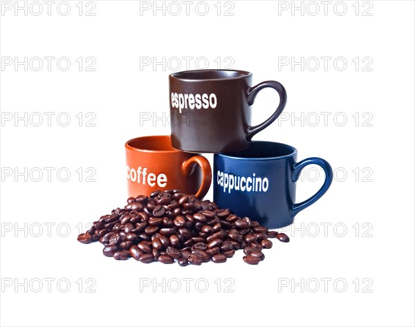 Coffee espresso cappuccino cups with coffee beans isolated on white background