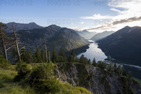 View of the Plansee lake from Schoenjoechl at sunset