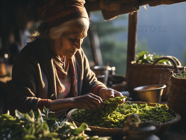 An Indian woman in traditional clothing picking tea on a tea plantation