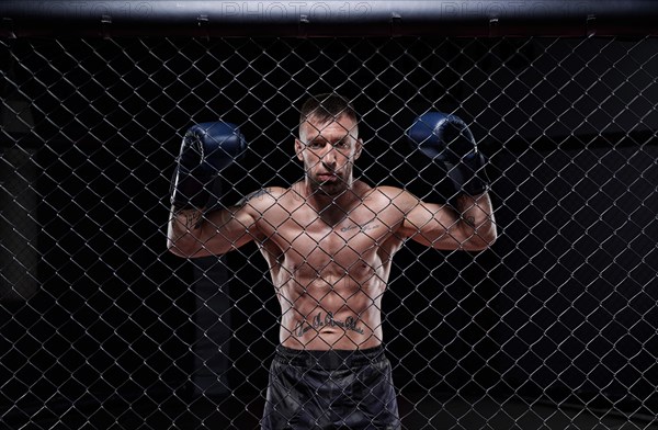 Dramatic image of a mixed martial arts fighter standing in an octagon cage. The concept of sports