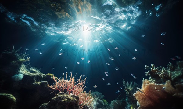 Underwater view of coral reef with sun rays shining through water surface Ai generated