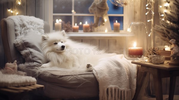 Pomeranian Spitz dog with wool blanket on sofa at home Ai generated