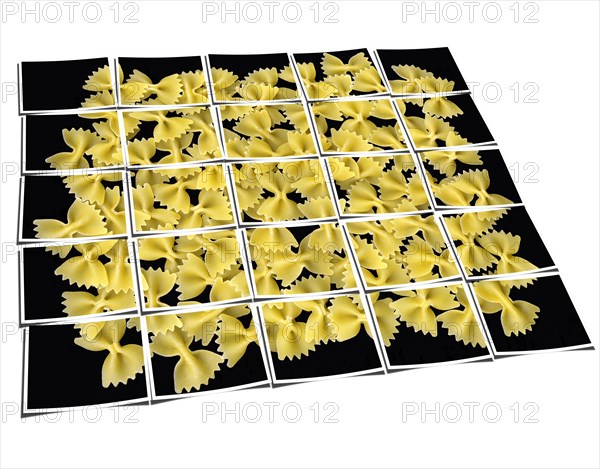 Bow tie pasta collage composition of multiple images over white