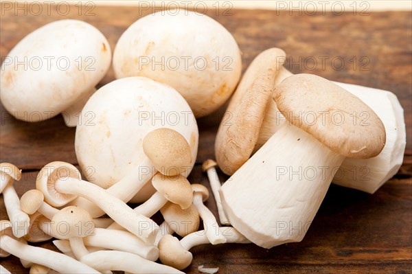 Bunch of fresh wild mushrooms on a rustic wood table