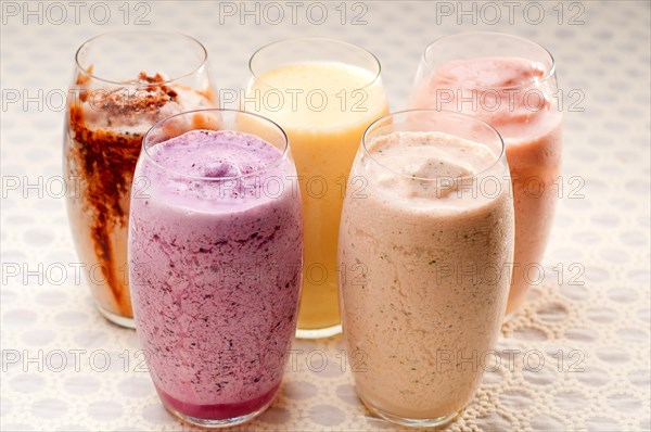 Selection of fresh fruits colorful long drink cocktails