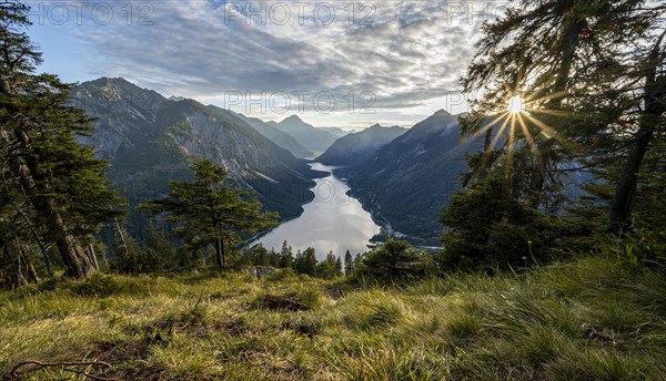 View of the Plansee lake from Schoenjoechl at sunset