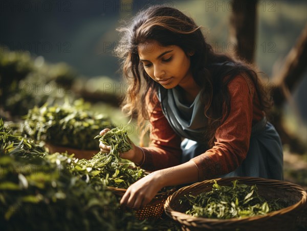 An Indian woman in traditional clothing picking tea on a tea plantation