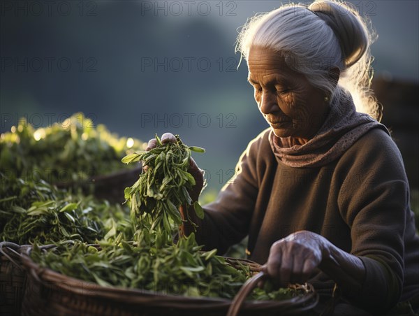 An Indian woman in traditional clothing picking tea on a tea plantation