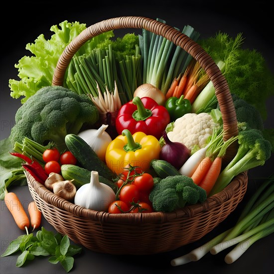 Assorted organic vegetables in a bamboo made basket. AI generated