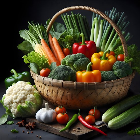 Assorted organic vegetables in a bamboo made basket. AI generated