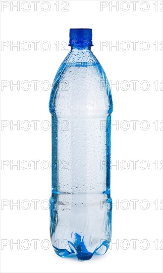 Blue bottle with water and drops isolated