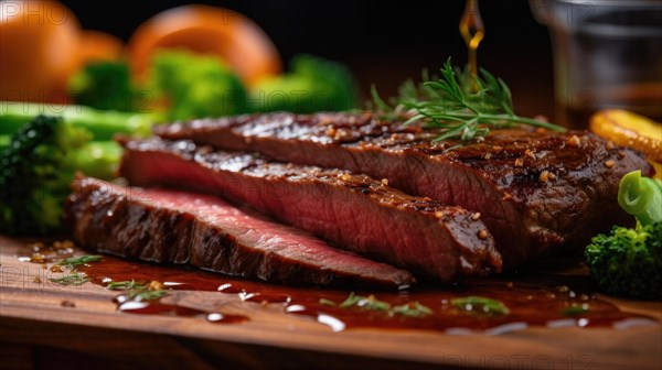 Slices of grilled beef steak on a cutting board with vegetables Ai generated