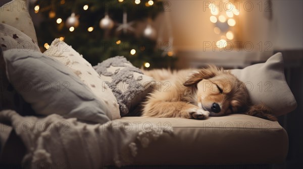 Cute dog sleeping on sofa in room with Christmas tree and lights Ai generated