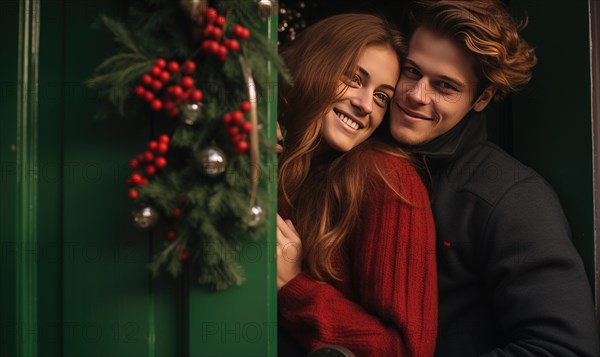 Young couple smiling together near home door decorated with mistletoe. Christmas holidays Ai generated
