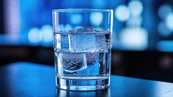 A glass of water with ice cubes on a bar counter