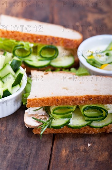 Fresh vegetarian sandwich with garlic cheese dip salad on rustic table