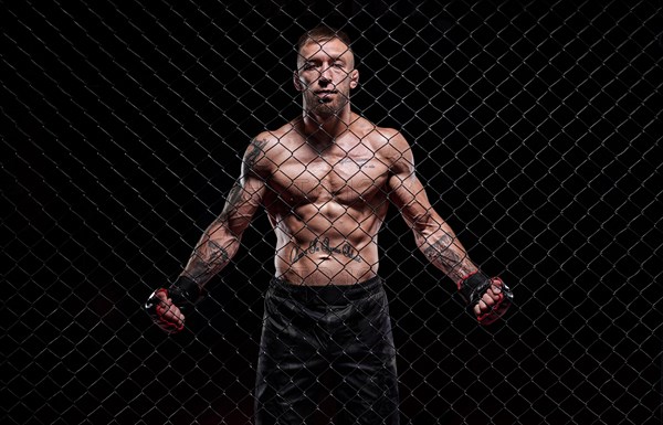 Dramatic image of a mixed martial arts fighter standing in an octagon cage. The concept of sports