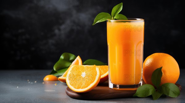 Glass of fresh orange juice with green basil leaves and oranges on dark background Ai generated