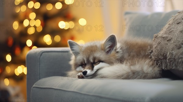 Cute little fox sleeping on sofa in room with Christmas tree and lights Ai generated