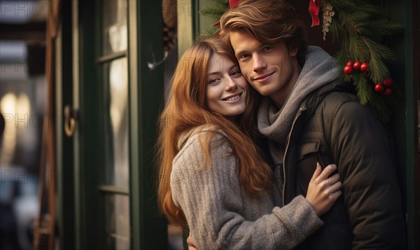 Young couple smiling together near home door decorated with mistletoe. Christmas holidays Ai generated