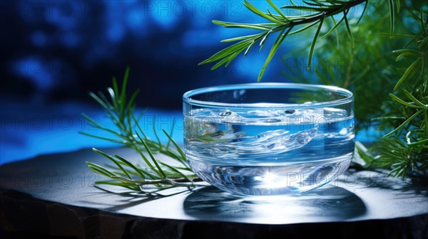 A serene composition featuring a glass of water surrounded by pine needles under evening blue light Ai generated