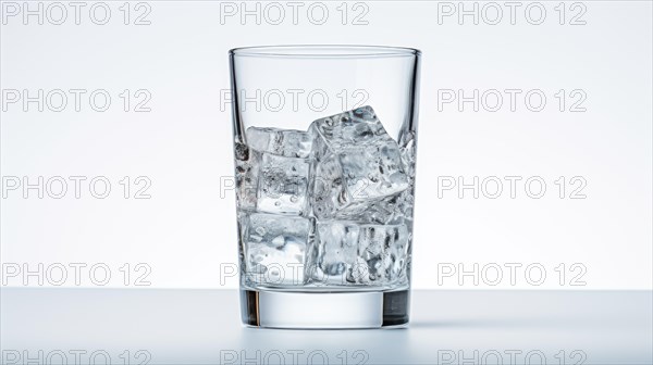 A transparent glass filled with ice cubes on a white surface