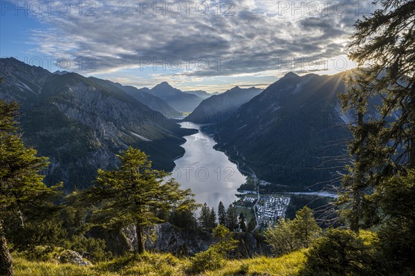 View of the Plansee lake from Schoenjoechl at sunset