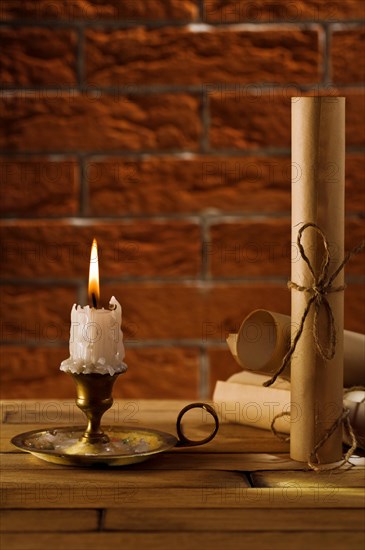 Antiquities on a background of a brick wall