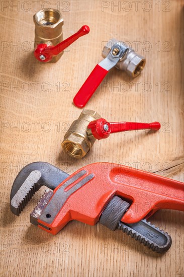 Monkey spanner and sanitary fittings on wooden board