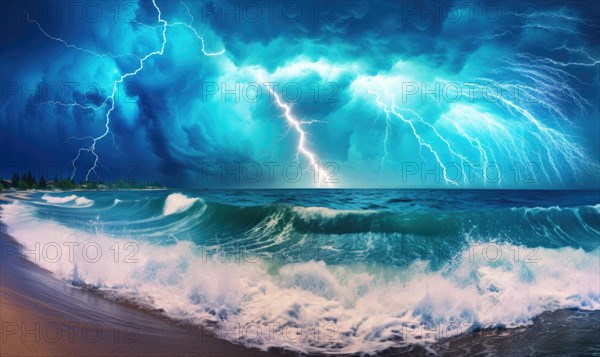 Lightning strike over the sea at stormy night. Nature background Ai generated