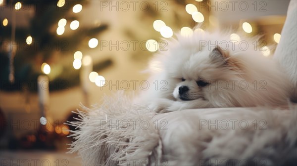 Pomeranian Spitz dog with wool blanket on sofa at home Ai generated