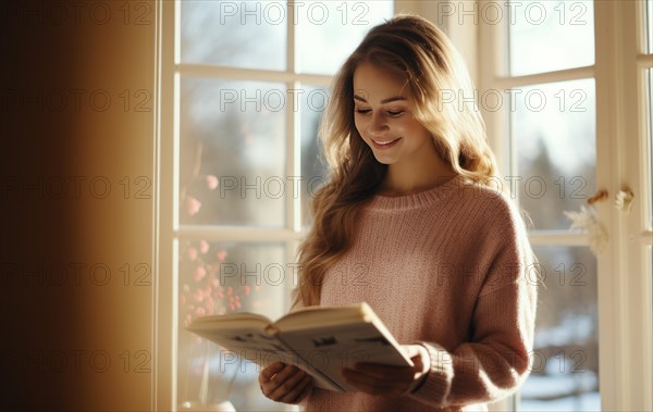 Beautiful woman stand near the window and read a book Ai generated