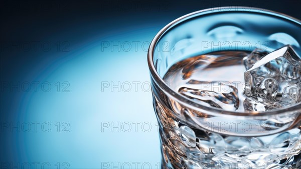 A close-up view of a glass with water and ice cubes