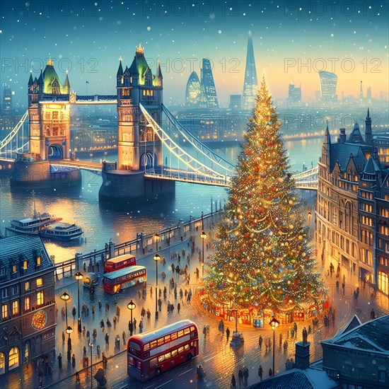 Christmas tree with bright golden sparkling garland on christmas tree in the cuty of London. New Year atmosphere. Holidays and New Year concept. AI Generated