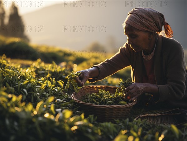 An Indian woman in traditional clothing picking tea on a tea plantation