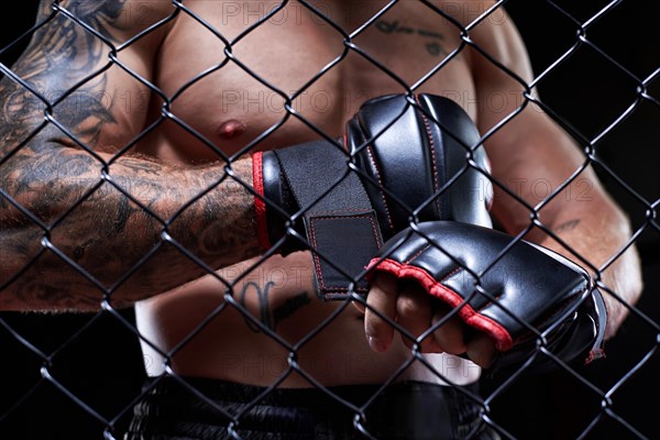 Professional kickboxing fighter puts on gloves in a cage ring. The concept of sports