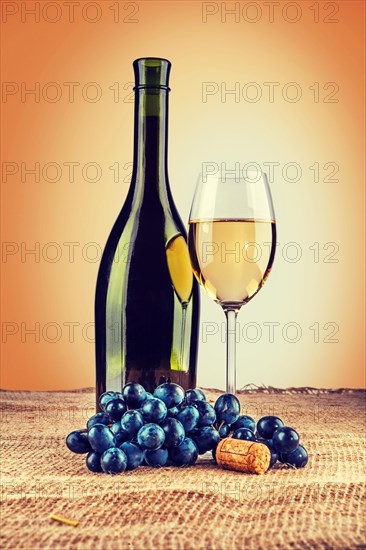 Bottle of wine and wineglass with branch of grape on burlap instagram style