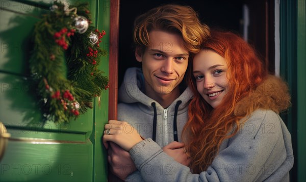 Young couple smiling together near home door decorated with mistletoe. Christmas holidays Ai generated