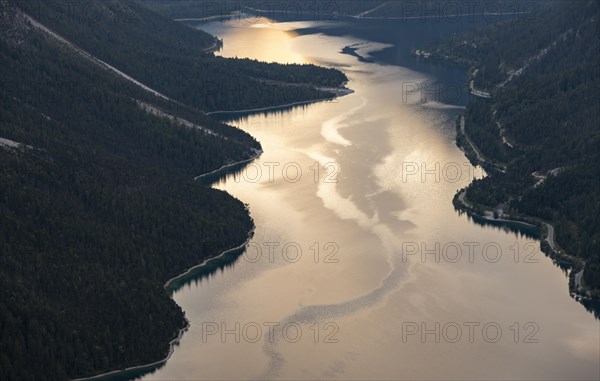 View of the Plansee lake from Schoenjoechl at sunset