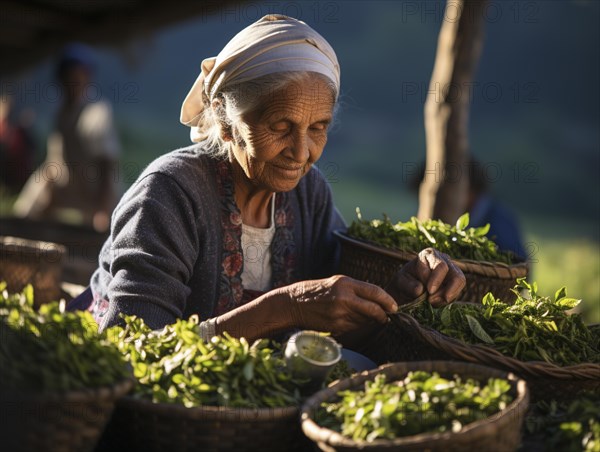 An Indian woman in traditional clothing picking tea on a tea plantation