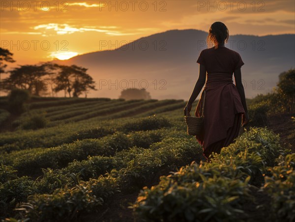 An Indian woman in traditional clothing picking tea on a tea plantation