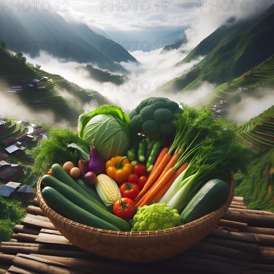 Assorted organic vegetables in a bamboo made basket. AI generated