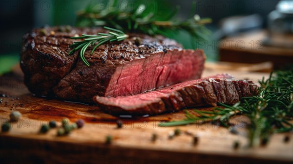 Slices of grilled beef steak on a cutting board with vegetables. Ai generated