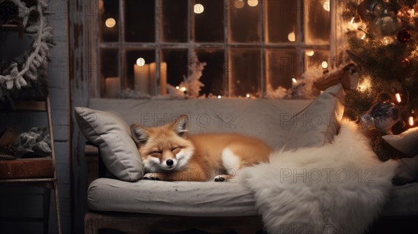 Cute little fox sleeping on sofa in room with Christmas tree and lights Ai generated