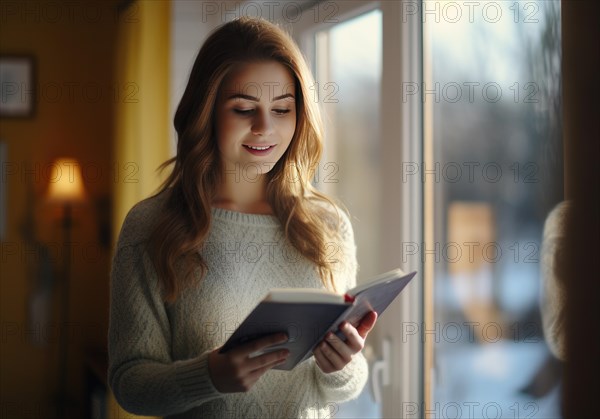 Beautiful woman stand near the window and read a book Ai generated