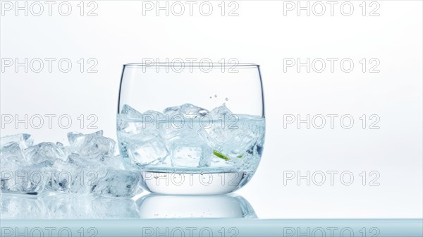 A clear glass half-filled with water and ice cubes