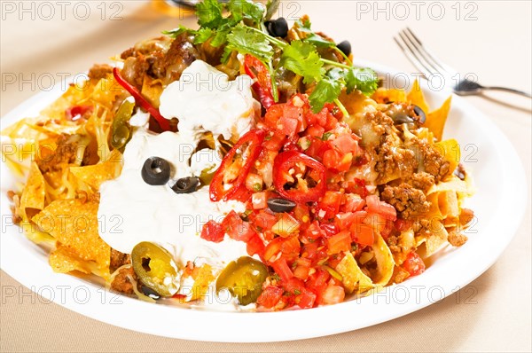 Fresh nachos and vegetable salad with meat