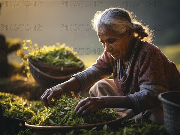 An Indian woman in traditional clothing picking tea on a tea plantation