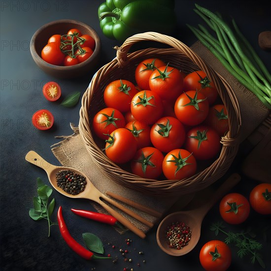 Organic vegetable tomatoes in a bamboo made basket. AI generated